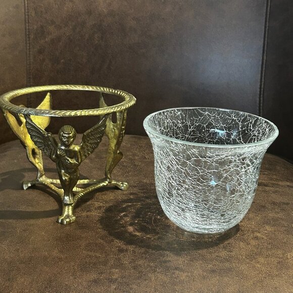 Vintage 3 Leg Brass Cherubs Cupid Pedestal Stand With Crackle Glass Bowl - Picture 13 of 16